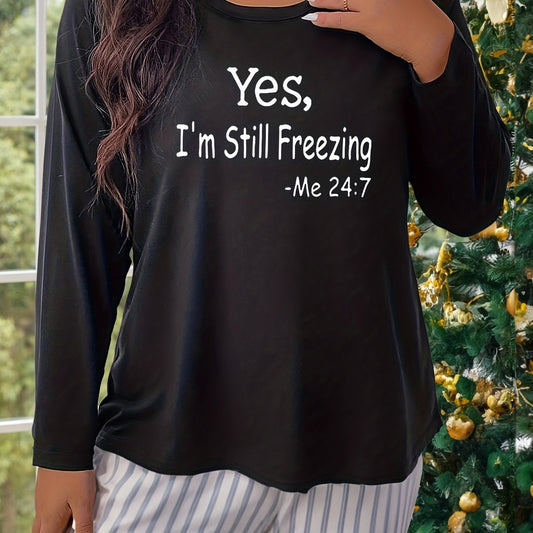  Casual Lounge Top Women's Plus Slogan Print Long Sleeve Pajama Top