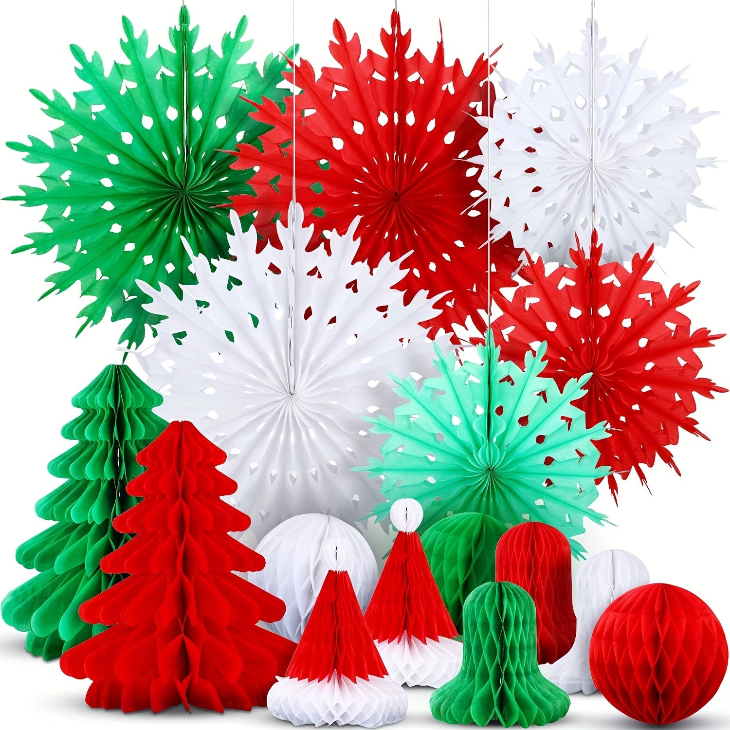 16pc Christmas Honeycomb Decorations Set Red & Green Lantern Bell Hat