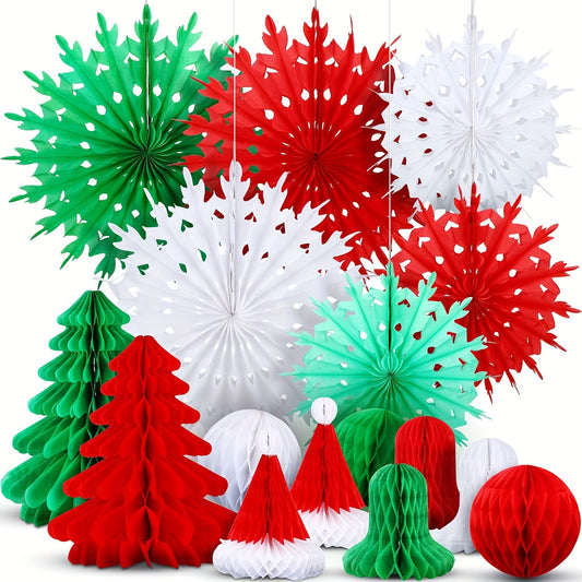 16pc Christmas Honeycomb Decorations Set Red & Green Lantern Bell Hat