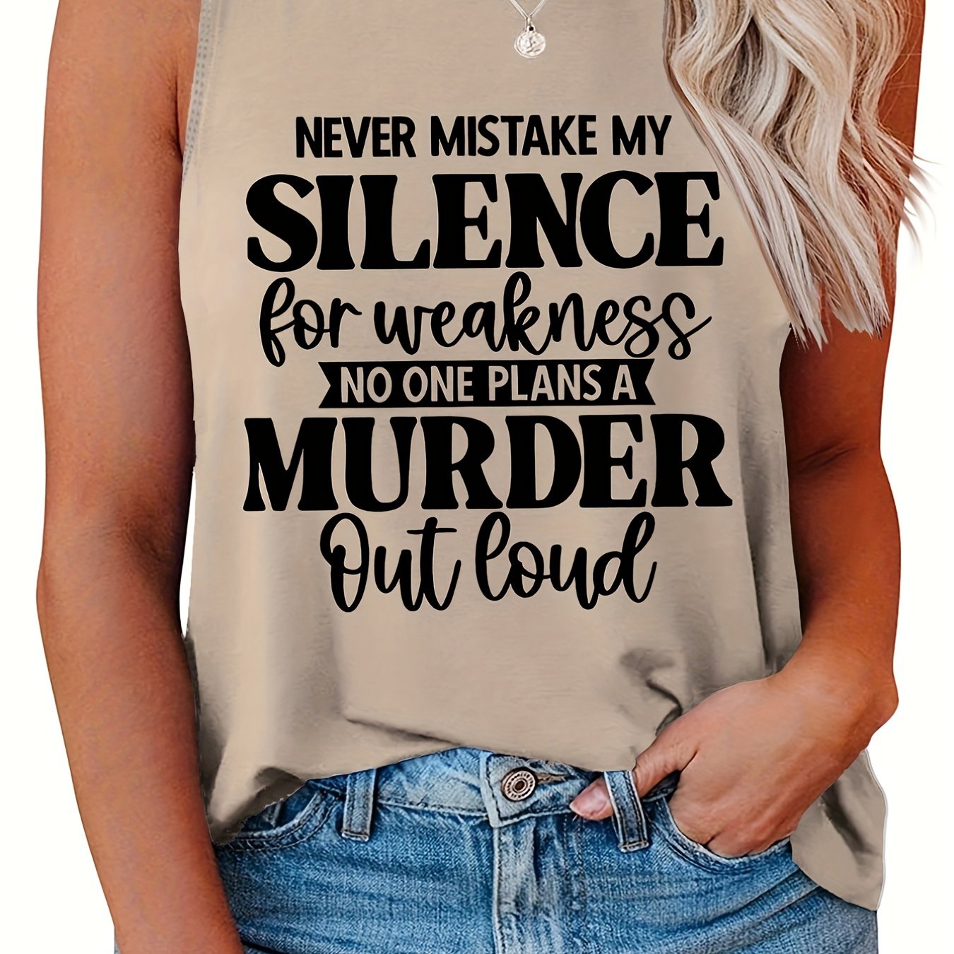  Casual Tank Top Women's Plus Slogan Print Round Neck Tank Top