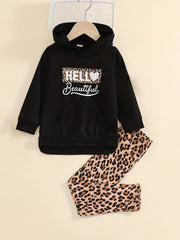 Toddler Girl's Leopard Pattern Outfit 2pcs Set HELLO Print