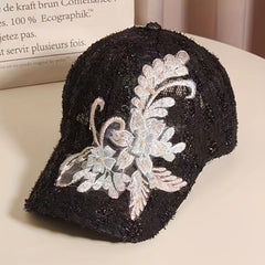 Flower Lace Baseball Cap with Faux Pearls