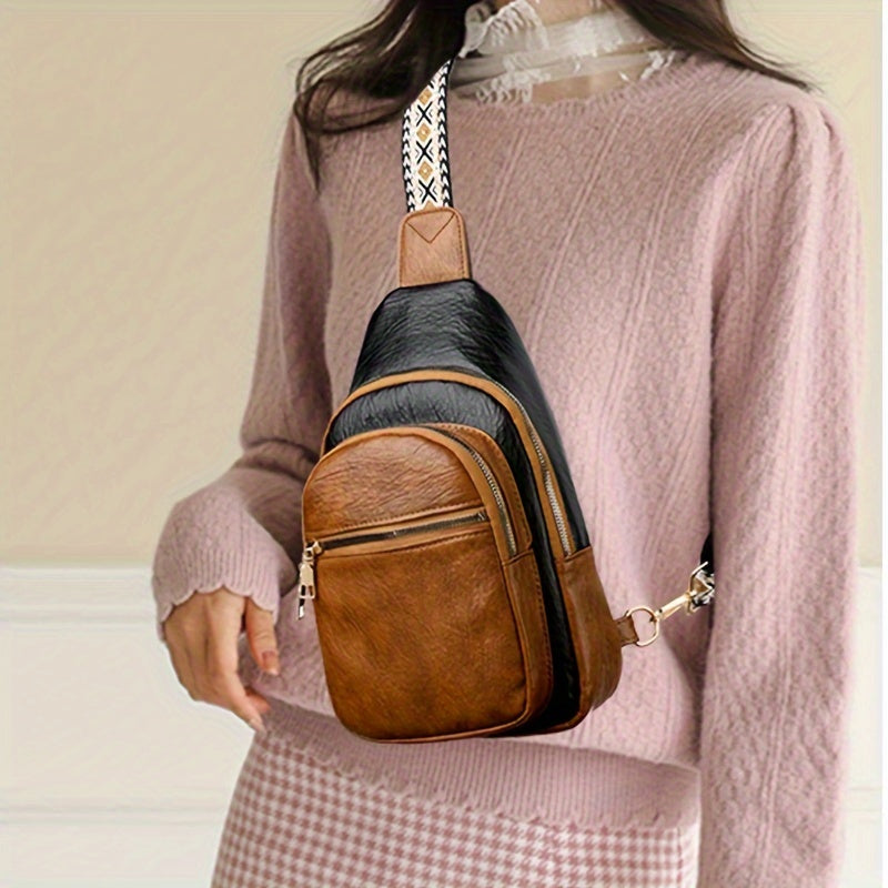 Women's Two Tone PU Leather Sling Chest Bag