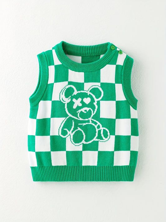 Baby Girls Plaid Bear Graphic Sweater Vest