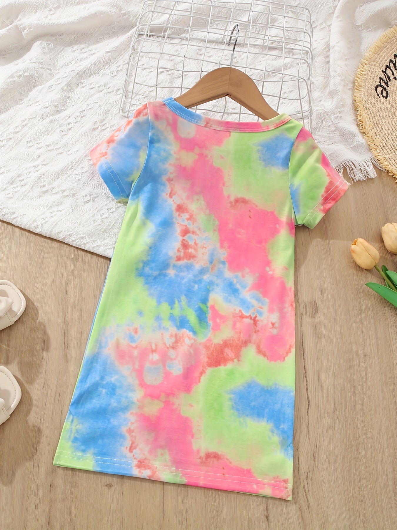 Girls Tie Dye Stretch Dress Short Sleeve Kids Summer Clothes