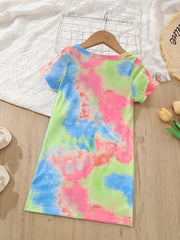 Girls Tie Dye Stretch Dress Short Sleeve Kids Summer Clothes