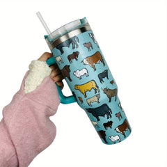 Cow Pattern 40 OZ Tumbler With Handle Stainless Steel Water Cup
