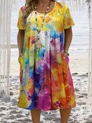 Floral Print Short Sleeve Plus Size Casual Dress With Pockets