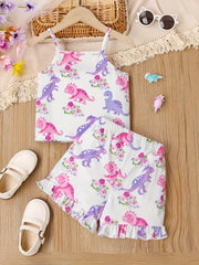 Girl's Dino Print Tank Top & Frilled Shorts Set