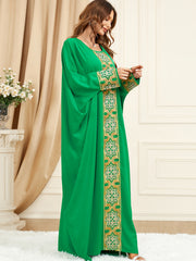  Solid Applique Batwing Sleeve Round Neck Maxi Dress