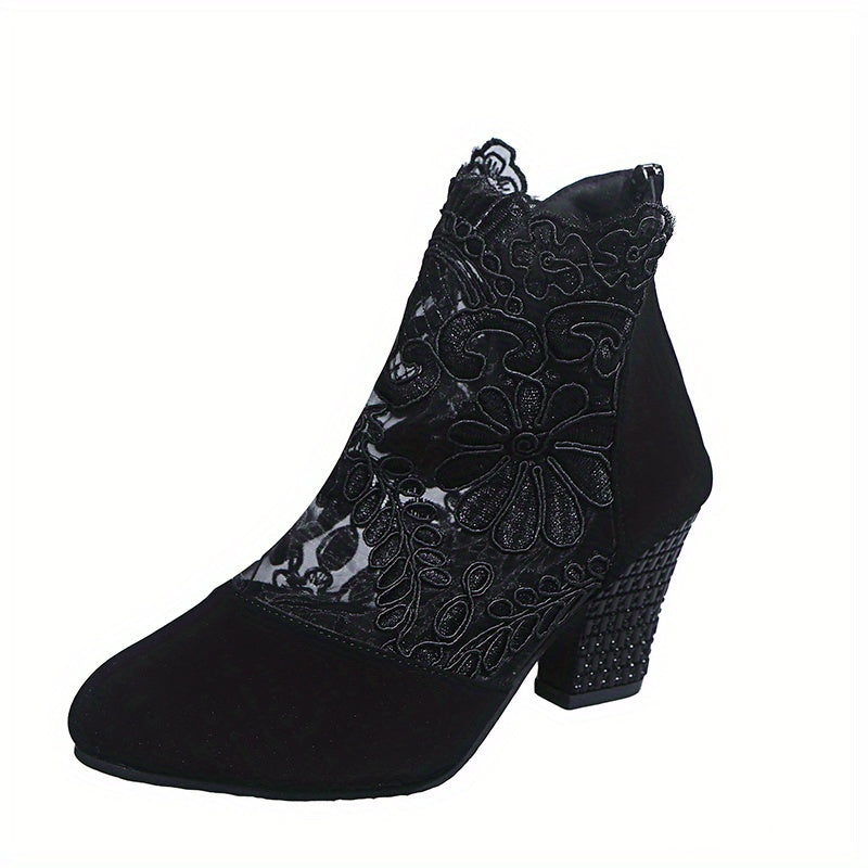 Floral Lace Ankle Boots Pointed Toe Hollow Out Back Zipper Chunky Heels