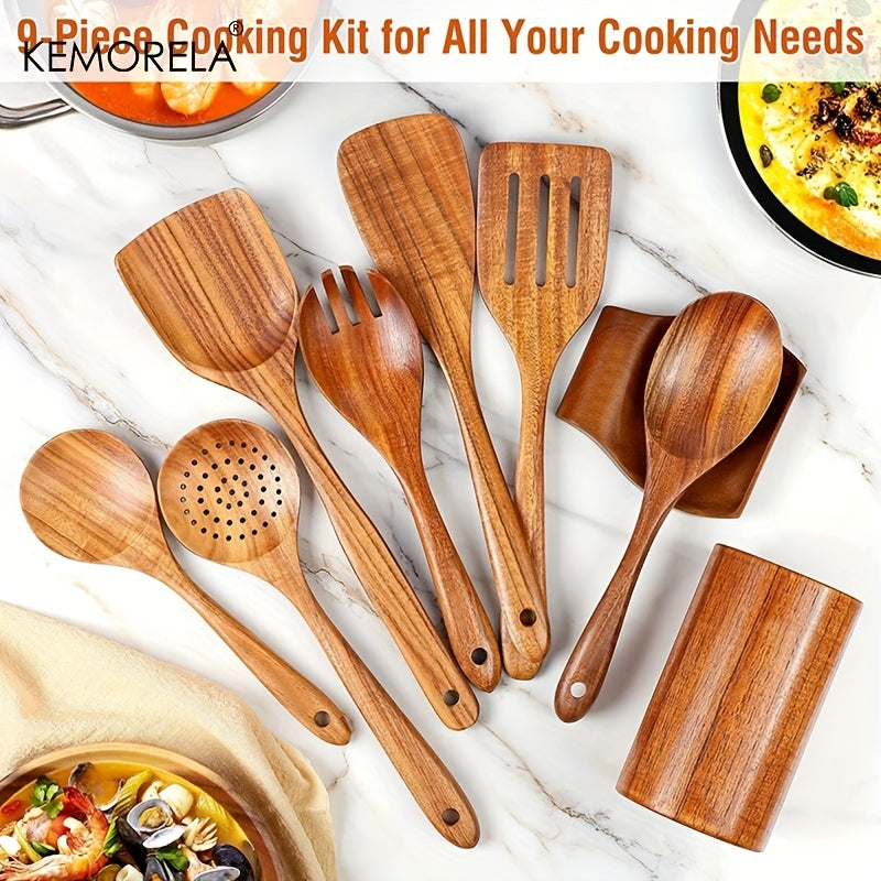 9pcs Wooden Spoons Utensils Holder Teak Kitchen Set with Spoon Rest