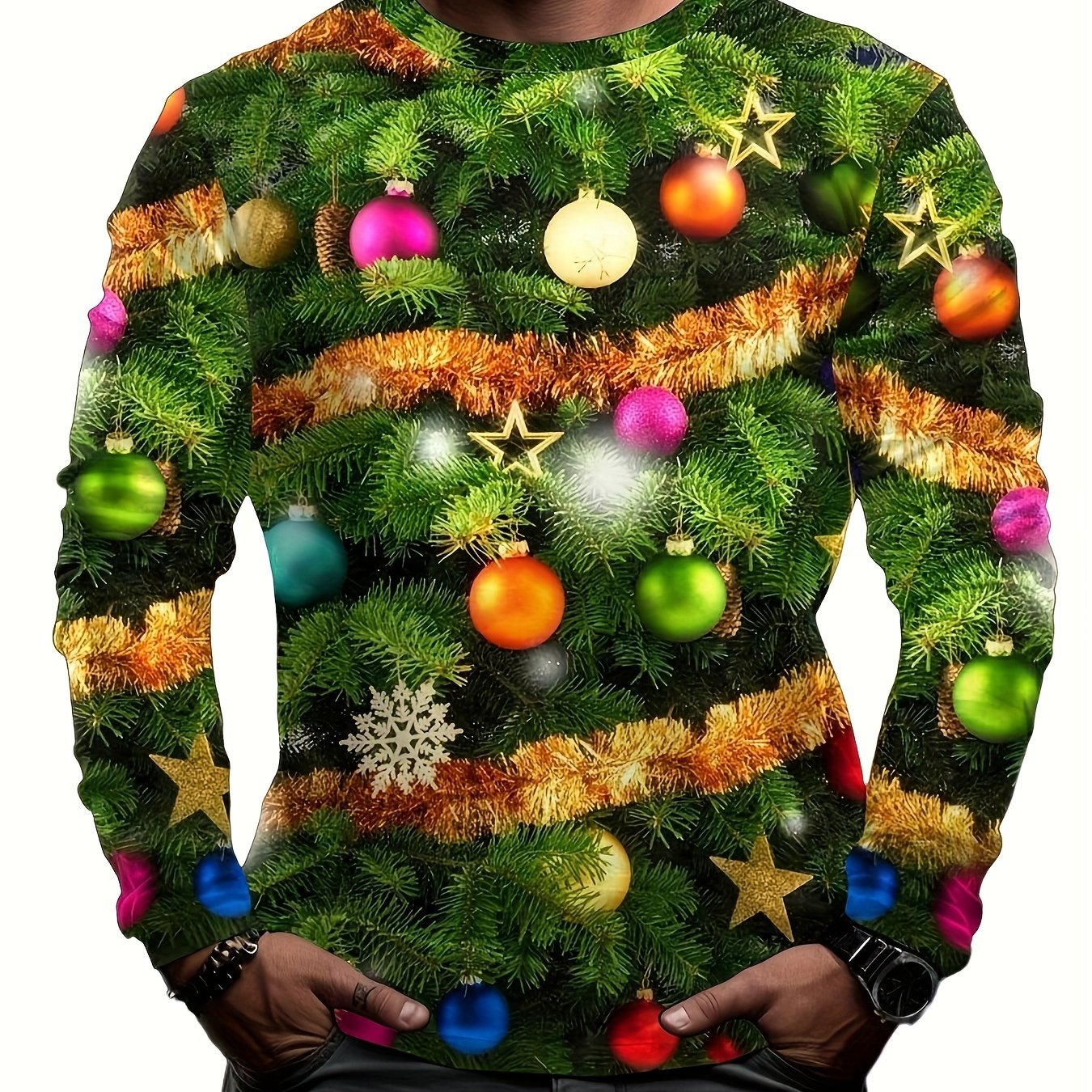 Christmas Tree Ball Print Men's Long Sleeve T-shirt Autumn Tee