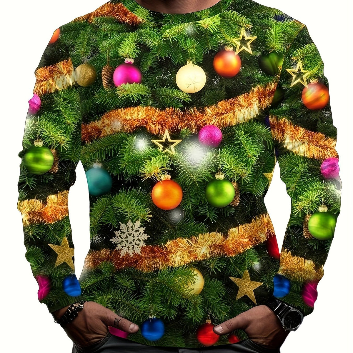 Christmas Tree Ball Print Men's Long Sleeve T-shirt Autumn Tee