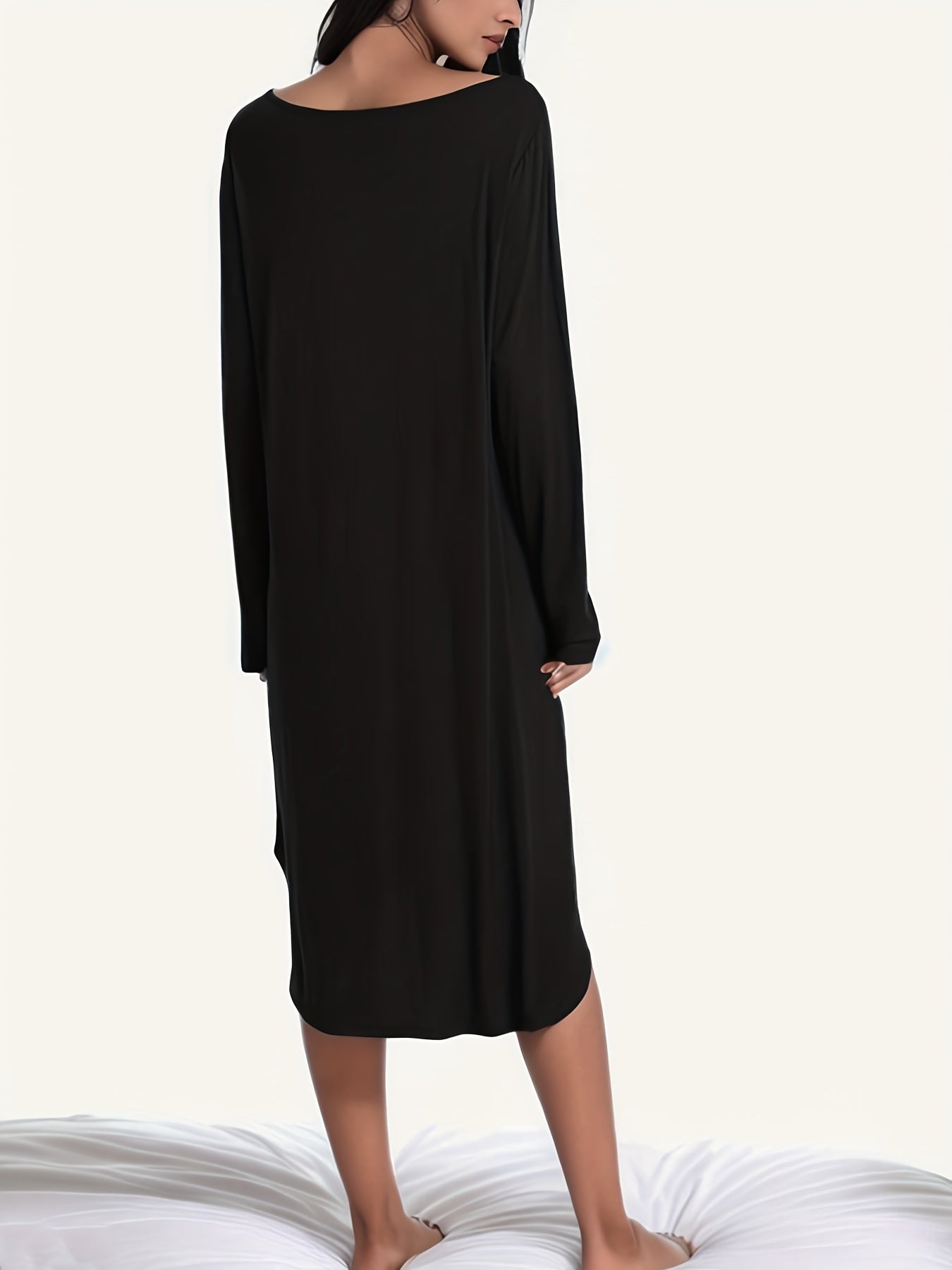 Solid NightDress Long Sleeve V Neck Pajama Dress Women's Sleepwear