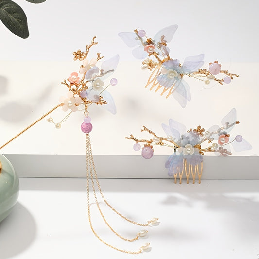 Faux Pearl Butterfly Flower Hairpin Headband Set