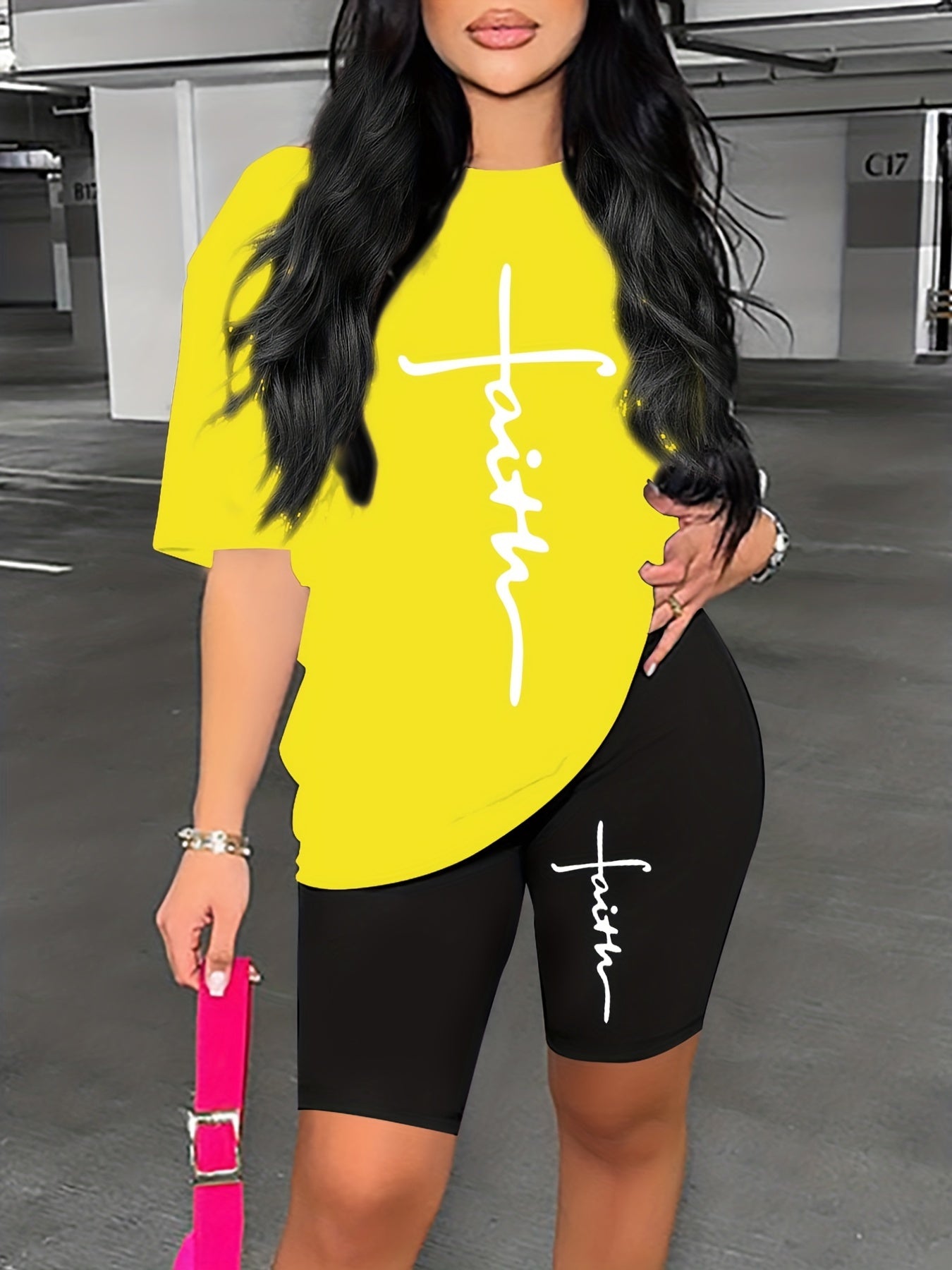 Faith Print Two Piece Set T Shirt & Shorts 2pcs Outfits For Summer Spring
