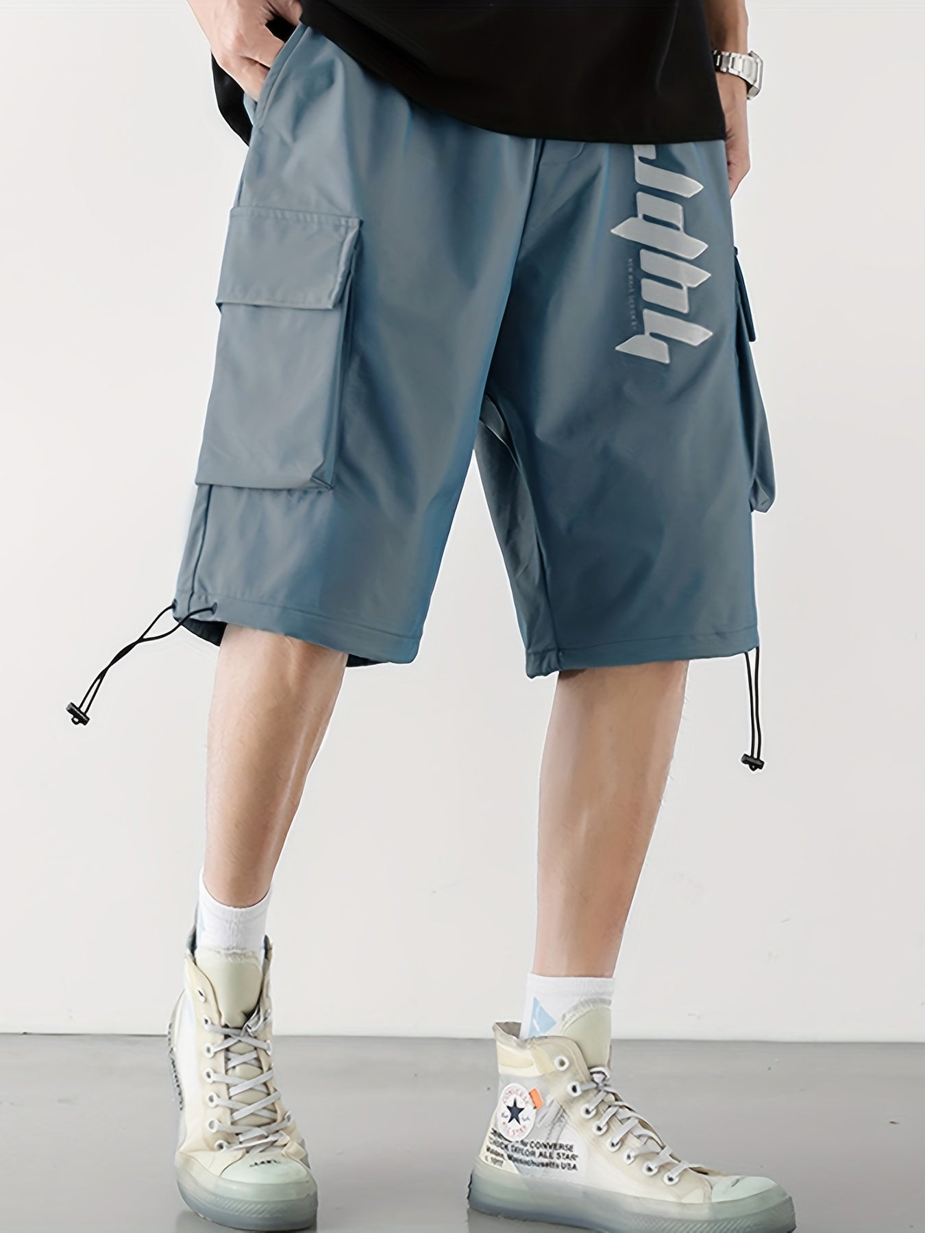Letter Print Cargo Shorts Men's Casual Pocket Loose Fit Cargo Shorts