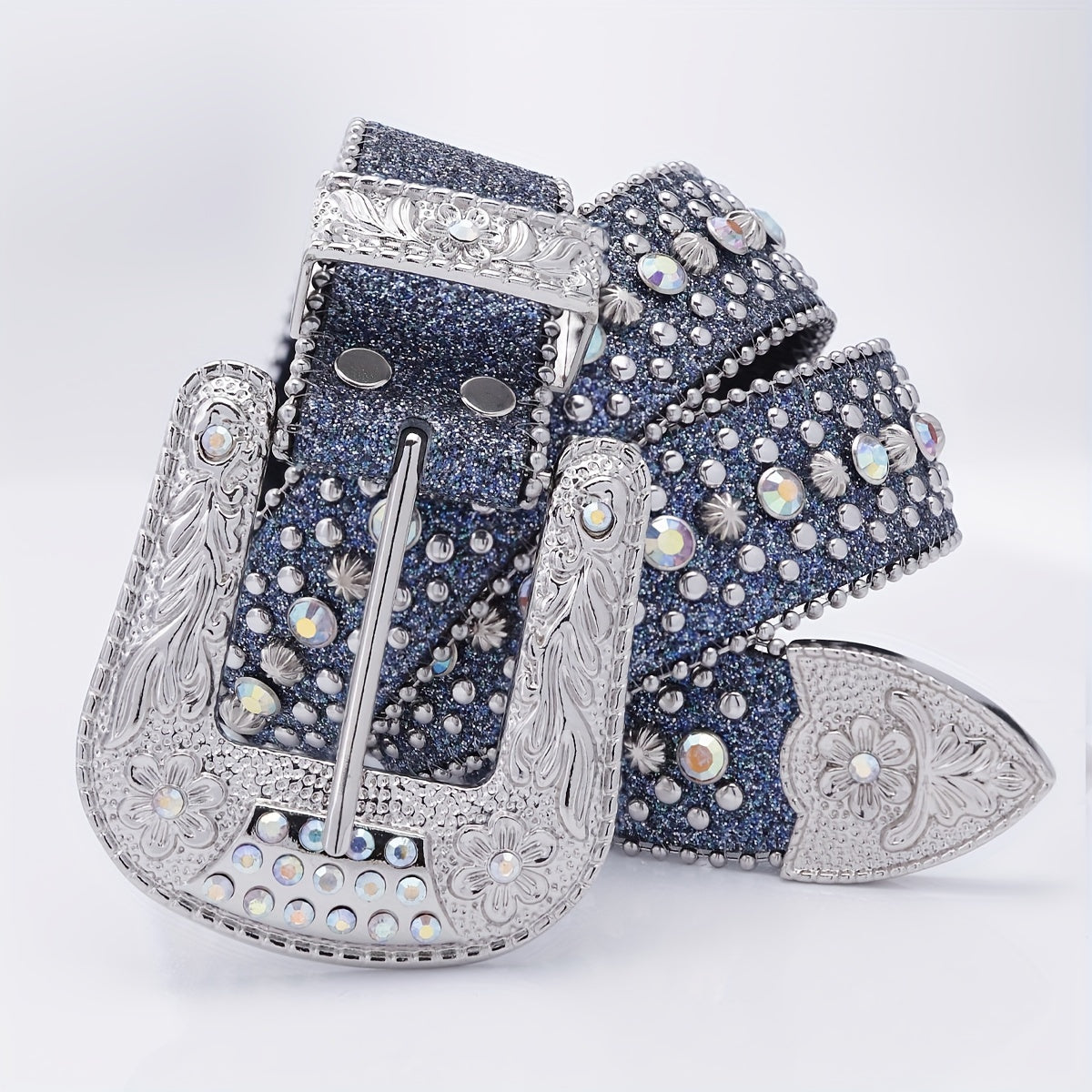 Beaded Side Leather Belt with Artificial Diamond Inlay