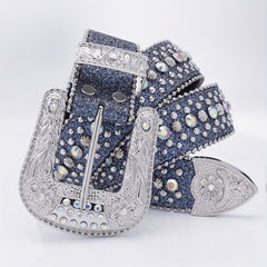 Beaded Side Leather Belt with Artificial Diamond Inlay