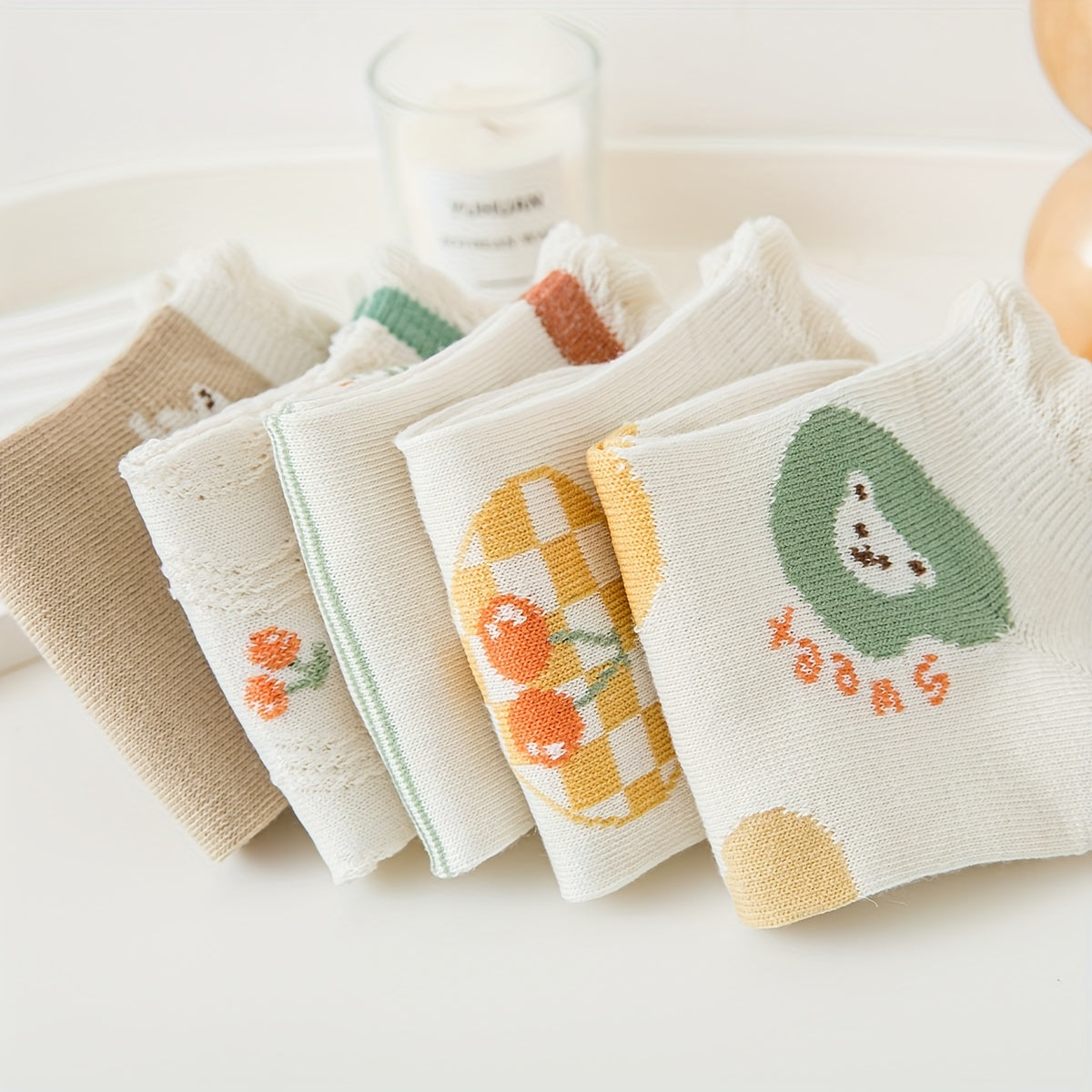 5 Pairs Bear & Cherry Print Comfy Low Cut Socks Women's Stockings & Hosiery