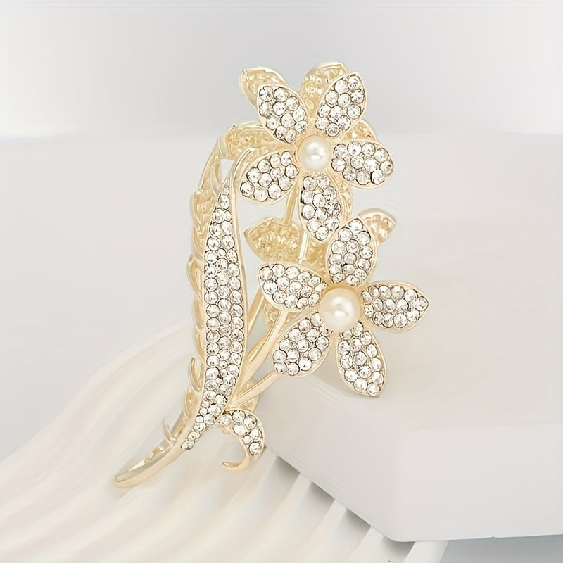 Girls Flower Hair Clip with Rhinestones & Faux Pearls