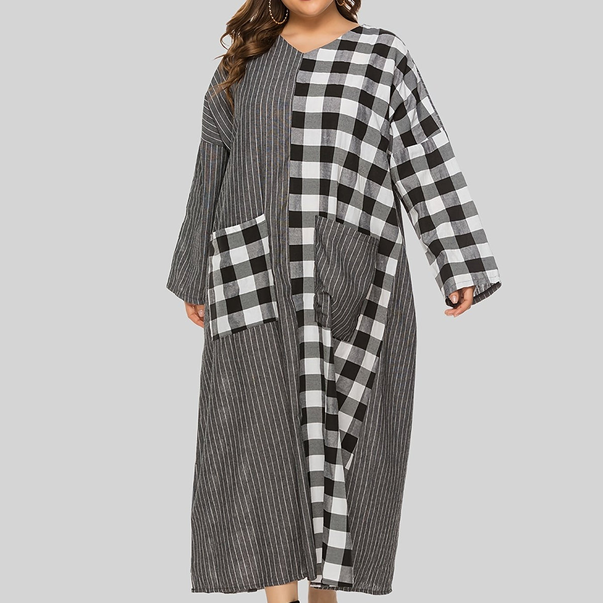 Colorblock Plaid Pattern Maxi Dress Women's Plus Casual V Neck Long Dress
