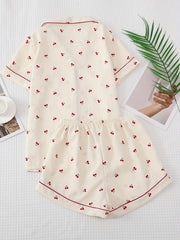 Cherry Print Pajama Set Sweet Top And Bow Shorts Women's Sleepwear