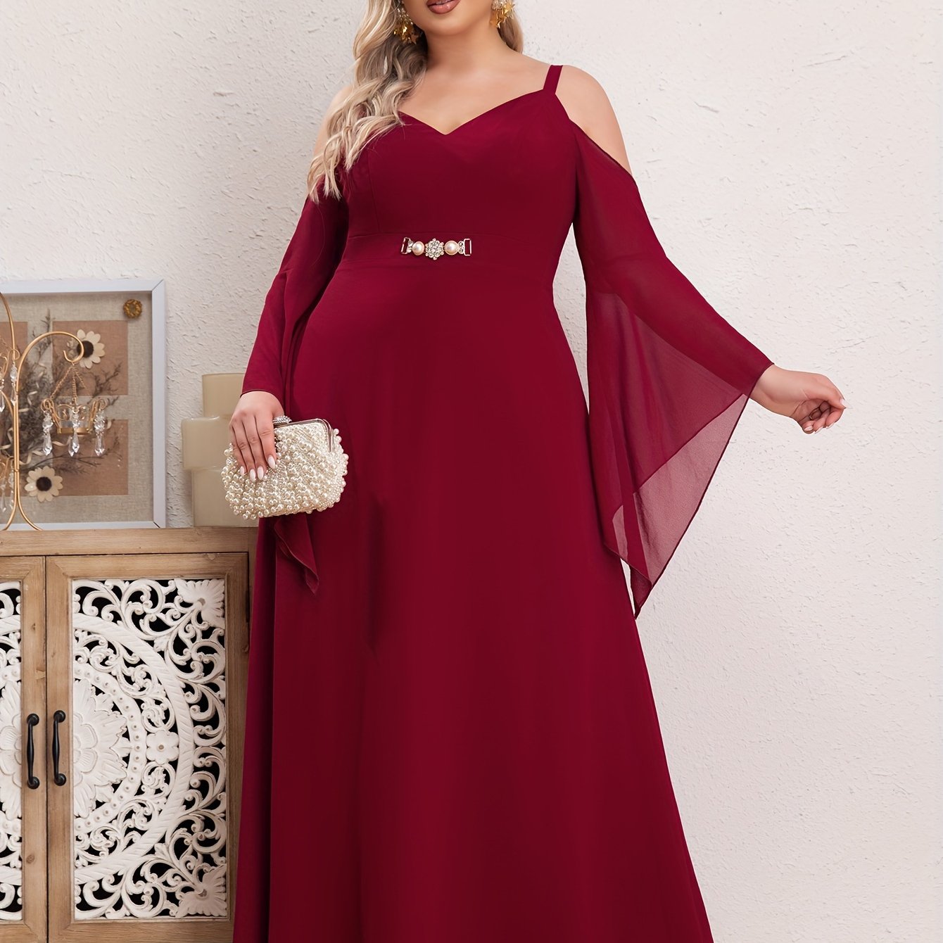  Faux Pearl Bell Sleeve Maxi Bridesmaid Dress