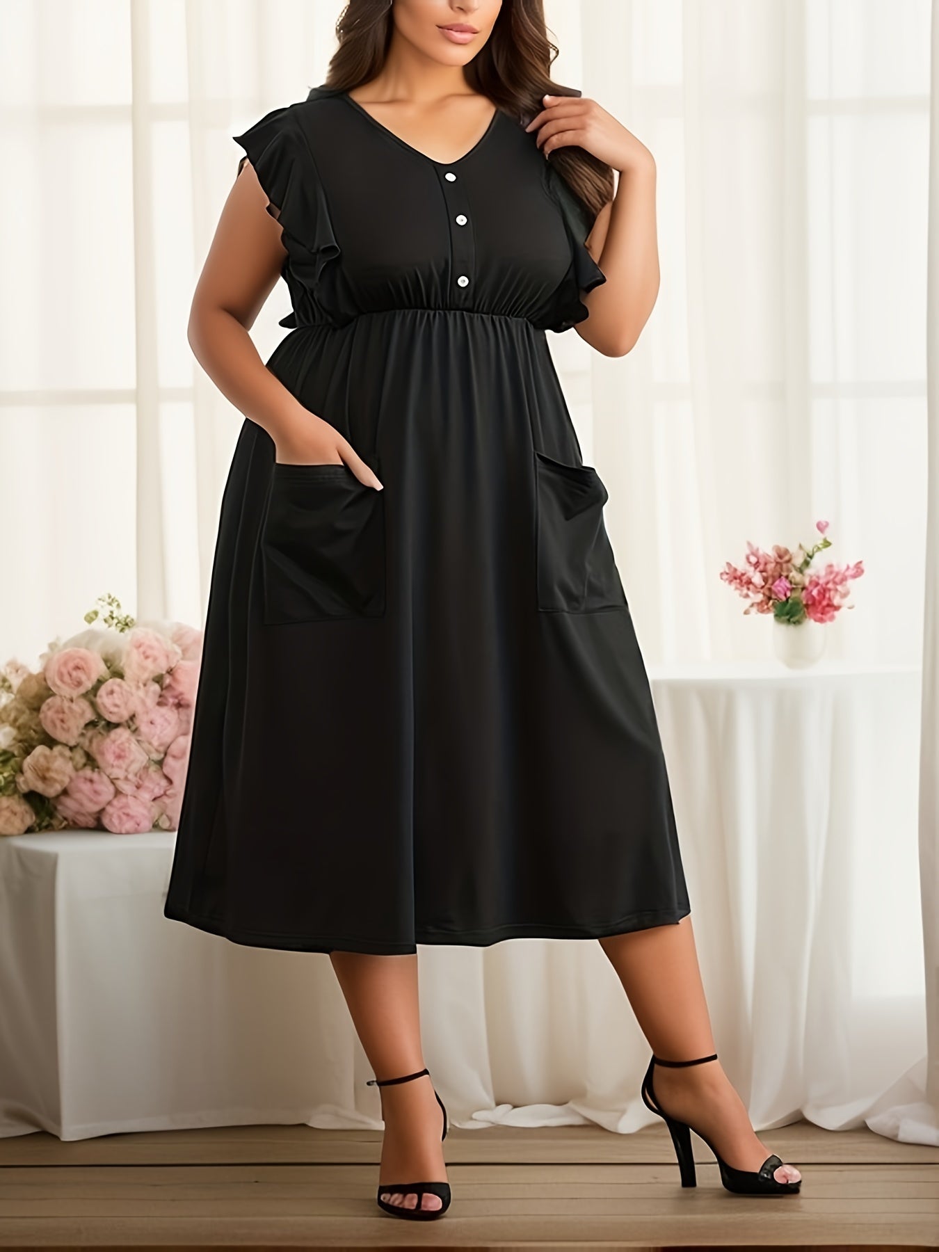  Ruffle Sleeve V Neck Nightdress With Pockets