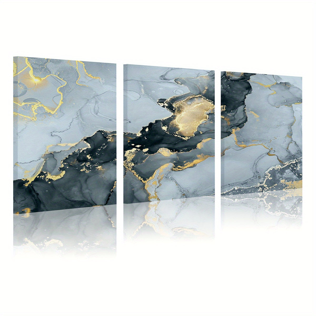 3pcs Framed Modern Ink Paintings with Marble Texture and Golden Accents