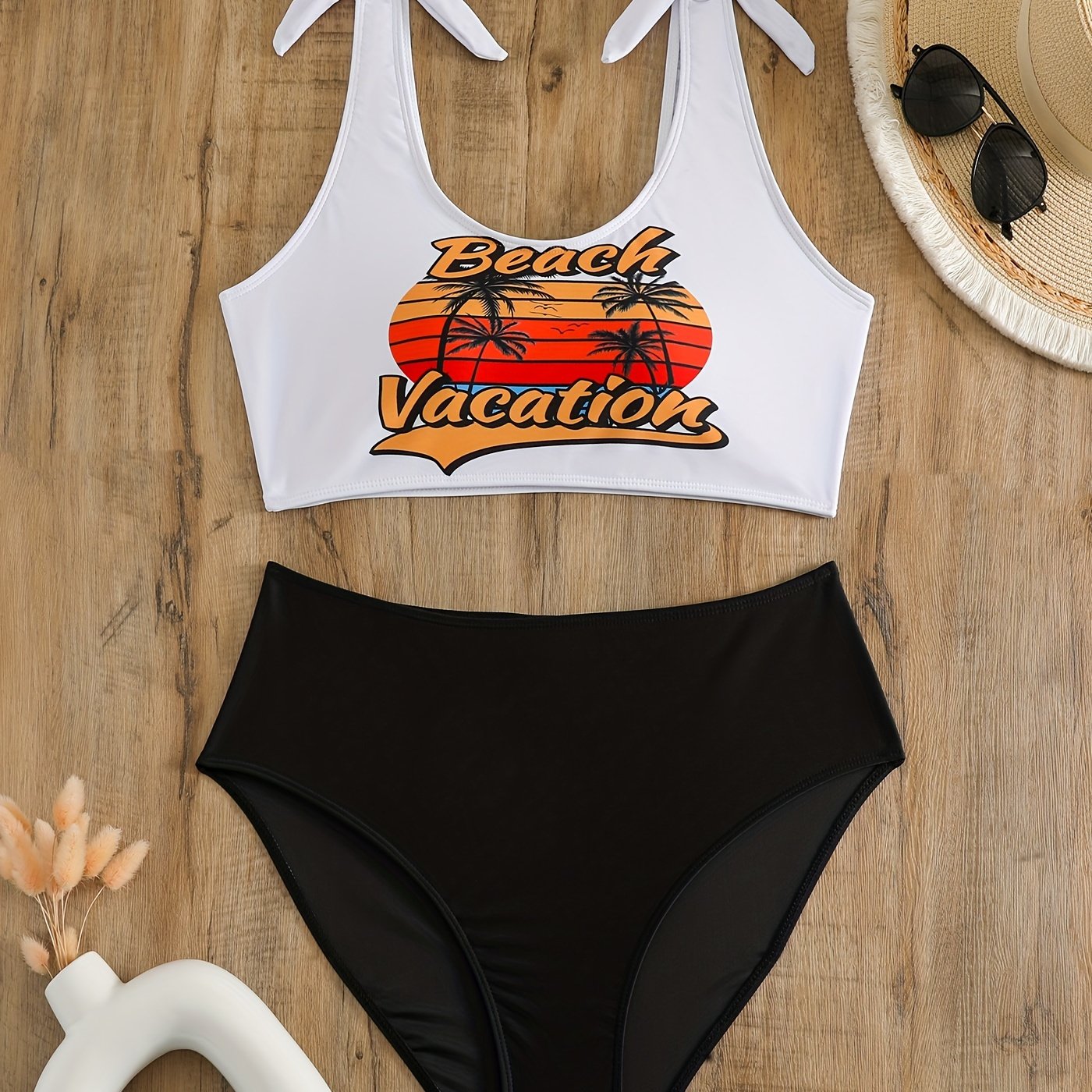  Tropical Print Shoulder Tie Bikini Set