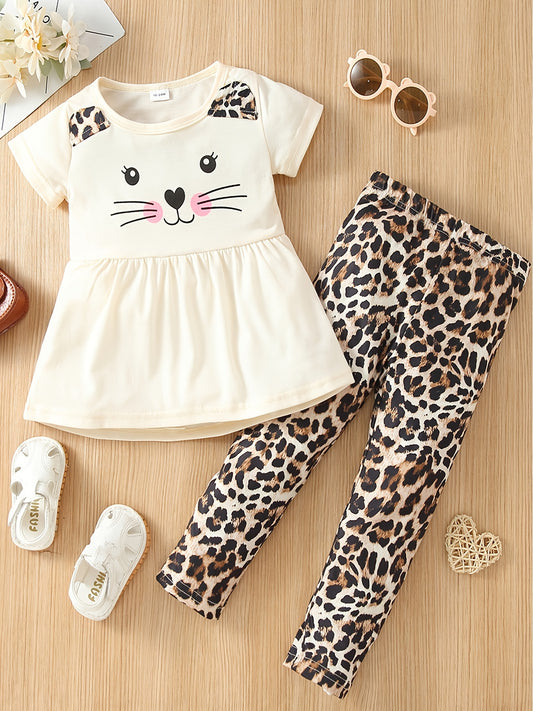 2pcs Girls Cat Cartoon Shirt & Leopard Print Pants Set
