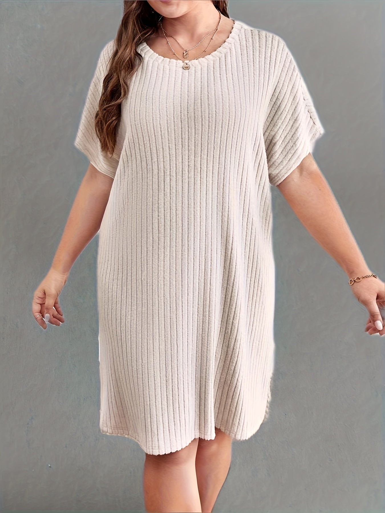 Women's Plus Solid Ribbed Batwing Sleeve Round Neck Loose Fit Dress