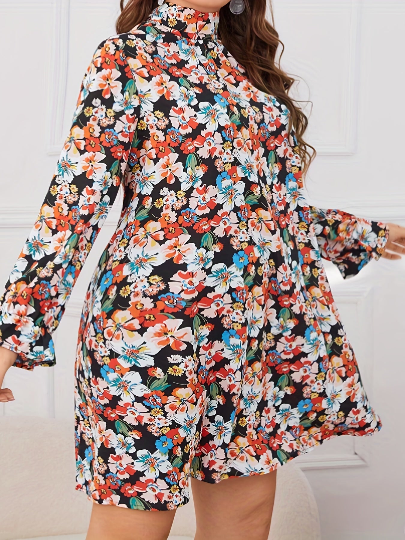 Floral Print Flounce Sleeve Tie Back High Neck Mini Dress