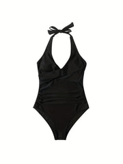 Backless Halter Tie One Piece Swimsuit High Stretch Solid Swimwear