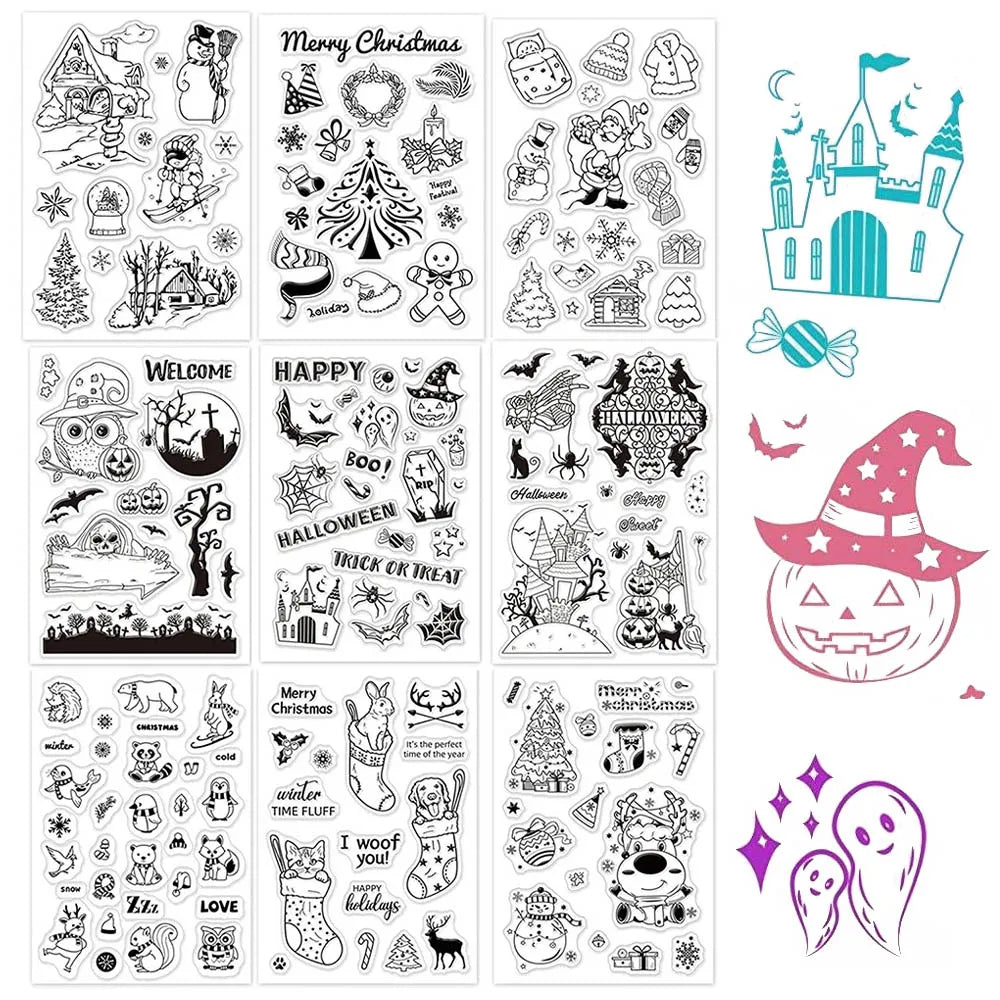9 Mixed Theme Silicone Clear Stamps Christmas Skiing Halloween Animal Seal