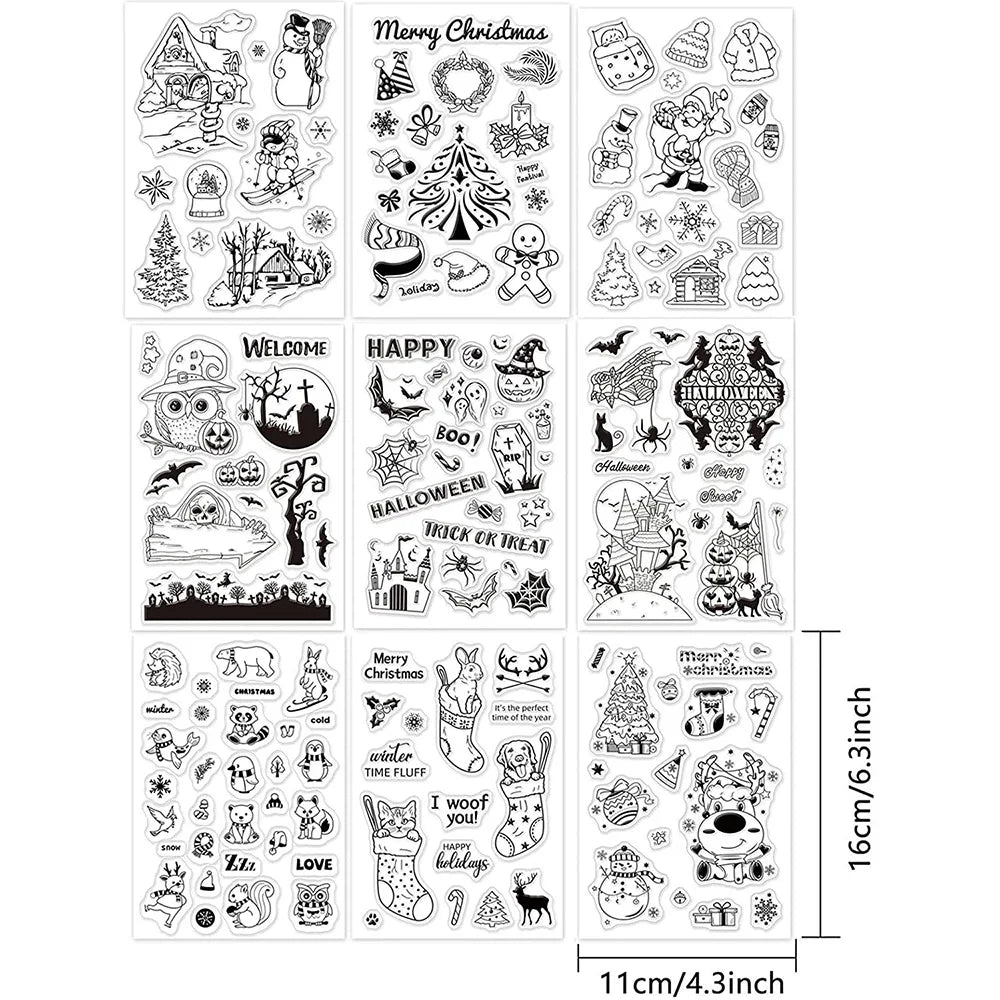 9 Mixed Theme Silicone Clear Stamps Christmas Skiing Halloween Animal Seal