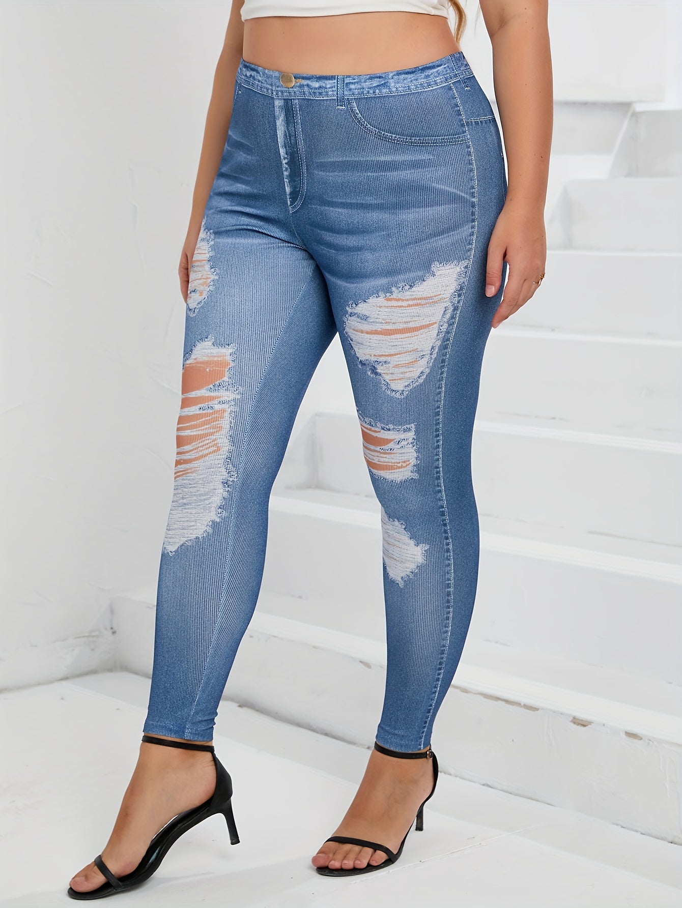  Ripped Denim Print High Rise Skinny Trousers