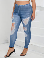  Ripped Denim Print High Rise Skinny Trousers