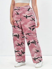 Women's Plus Camo Print Button Fly High Rise Cargo Jeans