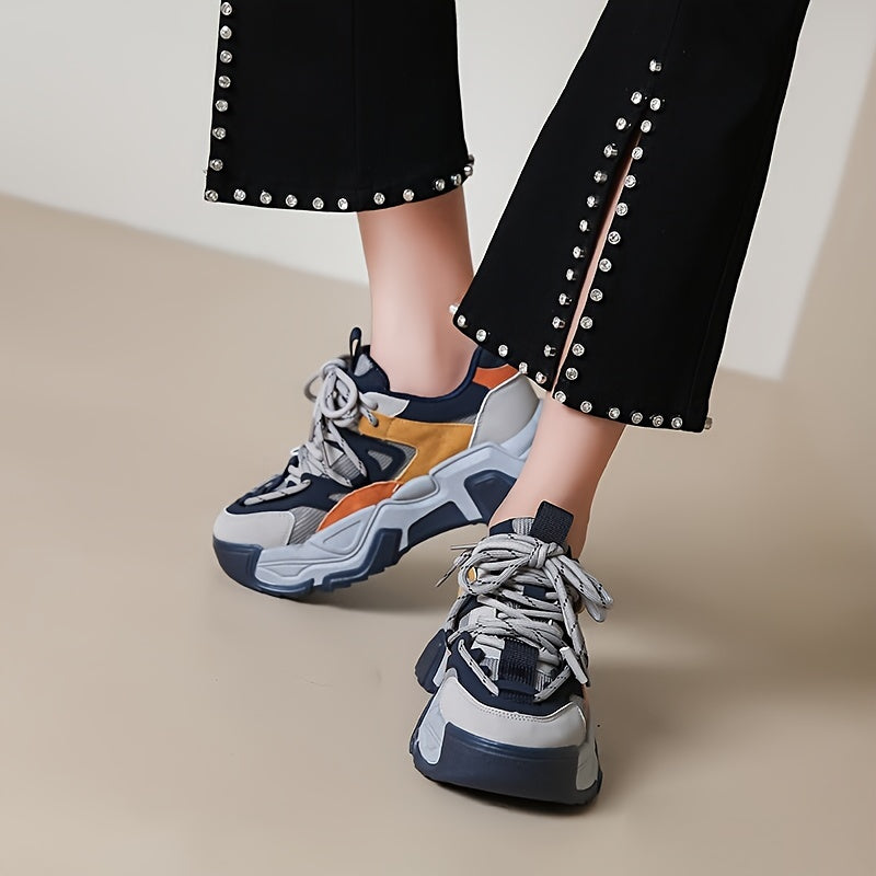 Women's Colorblock Chunky Sneakers Platform Lace Up Shoes