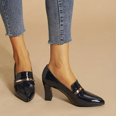 Women's Pointed Toe Court Pumps Slip On Patent Leather Block Heels