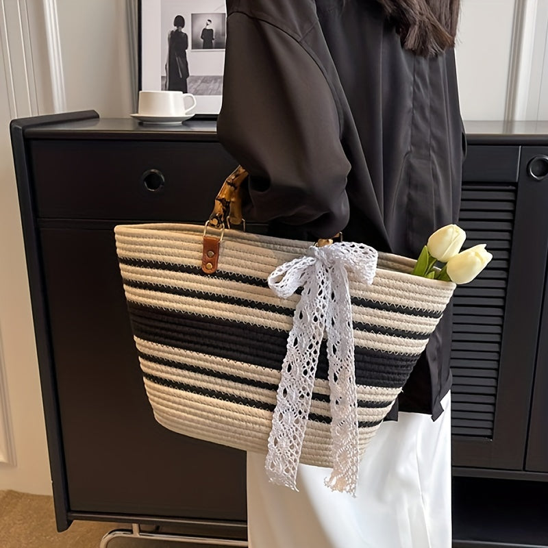 Straw Large Capacity Handbag with Lace Ribbon - Beach Bag