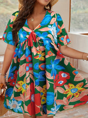  Floral Print Ruffle Sleeve V Neck Mini Dress