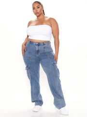 Women's Plus Button Fly High Rise Straight Leg Cargo Jeans