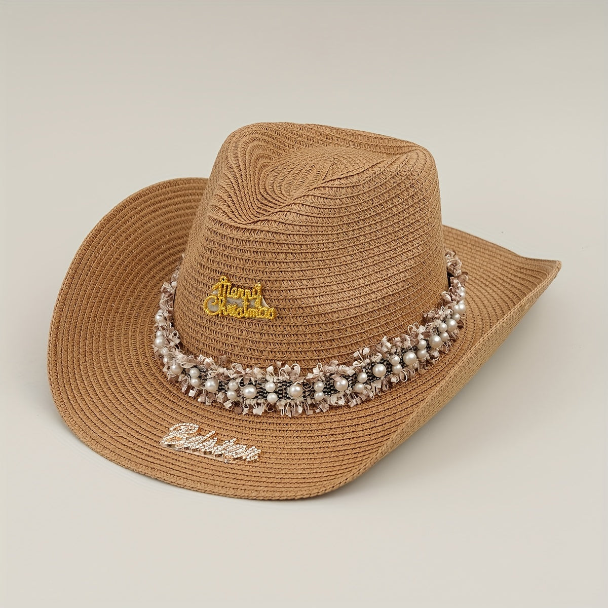 Rhinestone Bride Cowboy Hat Faux Pearl Lace Hatband Decor Straw Jazz Hat