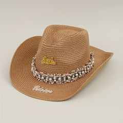 Rhinestone Bride Cowboy Hat Faux Pearl Lace Hatband Decor Straw Jazz Hat