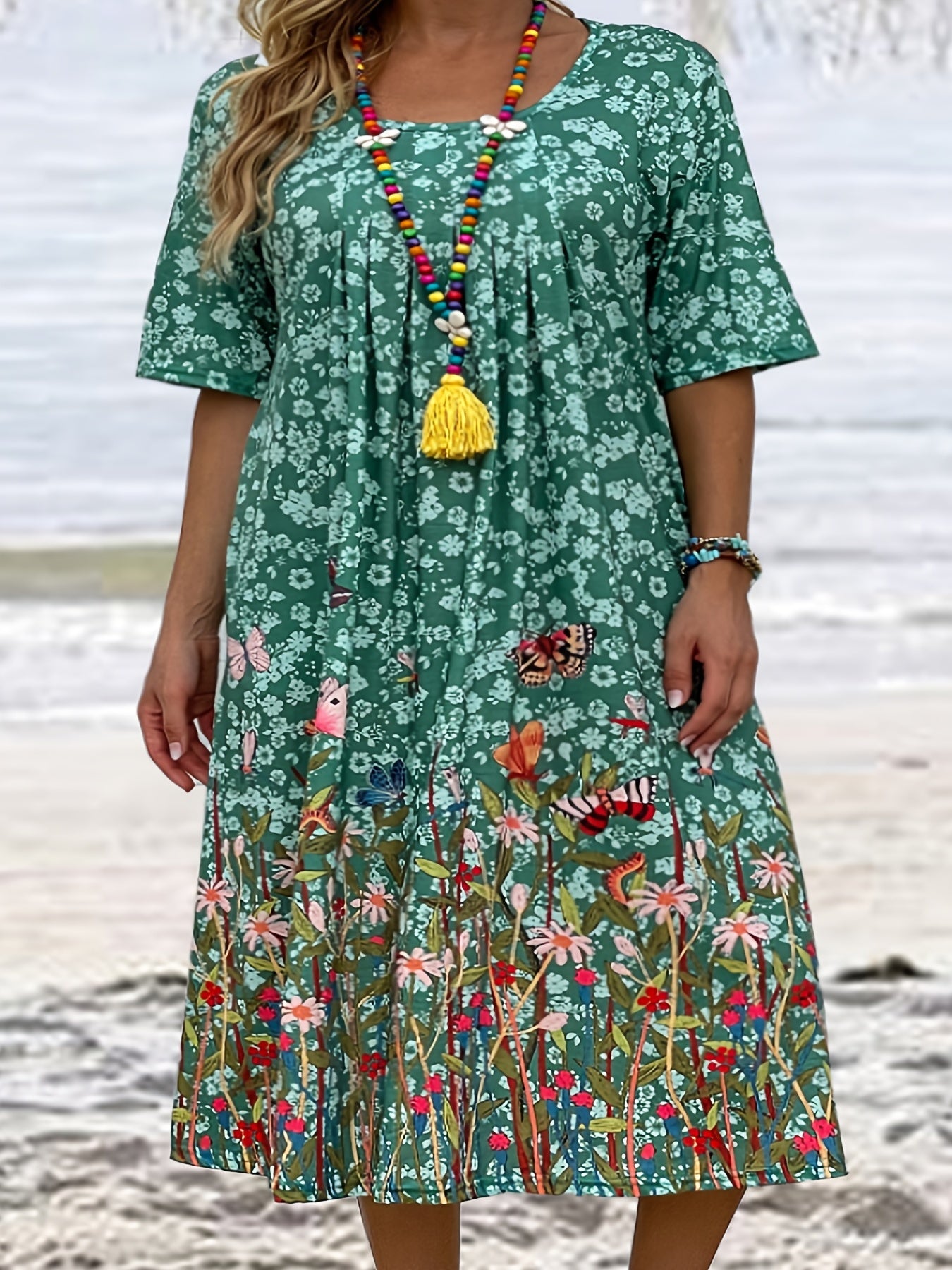  Floral & Butterfly Print Tee Dress With Pockets