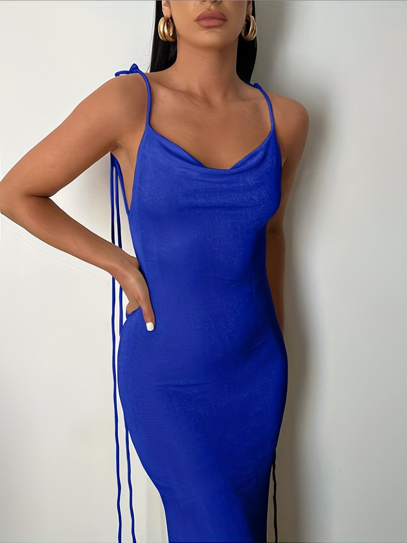 Solid Draped Spaghetti Dress Backless Sleeveless Summer Dress